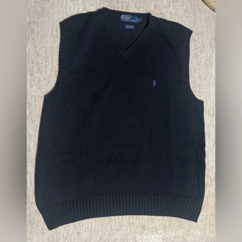 Polo Ralph Lauren Men's XL Black Knit Sweater Vest 100% cotton Purple Pony Logo
